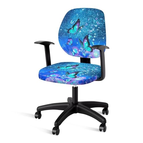 Xoenoiee Blaue glitzernde Schmetterlings-Druck-Büro-Schreibtischstuhl-Bezüge Polyester-Sitzbezüge, dehnbare schützende Computer-Stuhlbezüge, 2-teiliges Set mit Rückenlehnenbezug von Xoenoiee