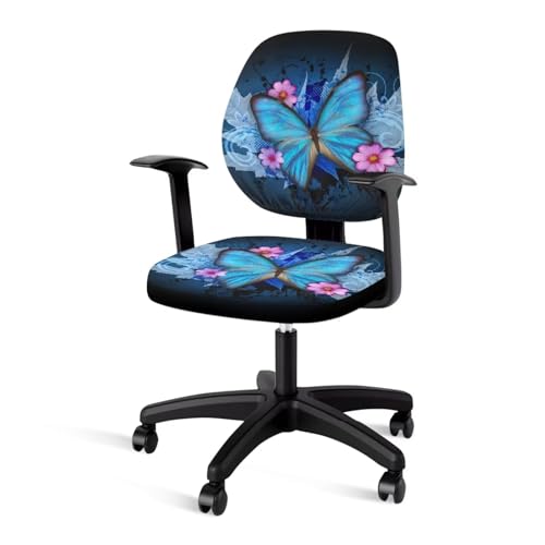 Xoenoiee Blauer Schmetterling Blumendruck Bürostuhlbezüge mit Rückenlehnenbezug 2 Stück Polyester Bezug Dehnbar Computer Stuhl Abdeckung Schutz Schonbezug von Xoenoiee