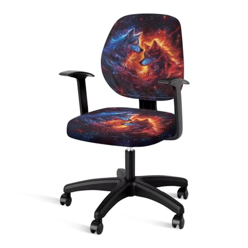 Xoenoiee Bürostuhlbezüge, Motiv: Wolf, Feuer, Galaxie, Polyester, dehnbar, Schutzbezug für Computerstuhl, 2-teiliges Set mit Rückenlehnenbezug von Xoenoiee
