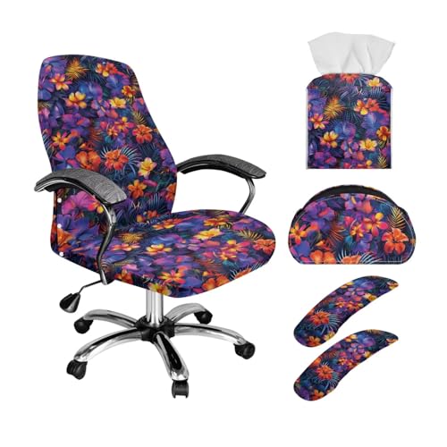 Xoenoiee Bürostuhlbezug mit Armlehnenbezügen, buntes Hibiskusblumenmuster, Ledertaschentuchbox-Halter, Fernbedienungshalter, 5-teiliges Set, weich, rutschfest, drehbar, Größe L Xoenoiee Bürostuhlbezug mit Armlehnenbezügen, buntes Hibiskusblumenmuster, Ledertaschentuchbox-Halter, Fernbedienungshalter, 5-teiliges Set, weich, rutschfest, drehbar, Größe L von Xoenoiee