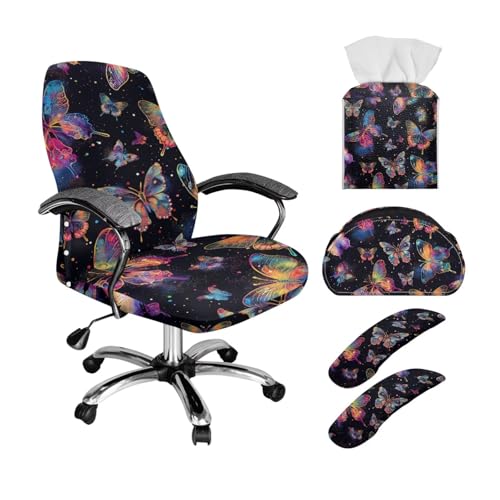 Xoenoiee Bürostuhlbezug mit Armlehnenbezügen, buntes Schmetterlingsmuster, Ledertaschentuchbox-Halter, Fernbedienungshalter, 5-teiliges Set, weich, rutschfest, drehbar, Größe S Xoenoiee Bürostuhlbezug mit Armlehnenbezügen, buntes Schmetterlingsmuster, Ledertaschentuchbox-Halter, Fernbedienungshalter, 5-teiliges Set, weich, rutschfest, drehbar, Größe S von Xoenoiee