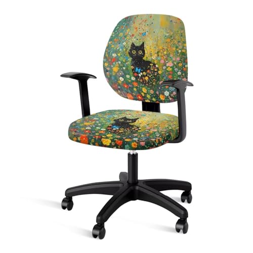 Xoenoiee Bürostuhlhussen mit Rückenlehne, Motiv: schwarze Katze, lebendiger Blumendruck, 2 Stück, Polyesterbezug, dehnbar, Computerstuhlbezug, Schutzbezug von Xoenoiee
