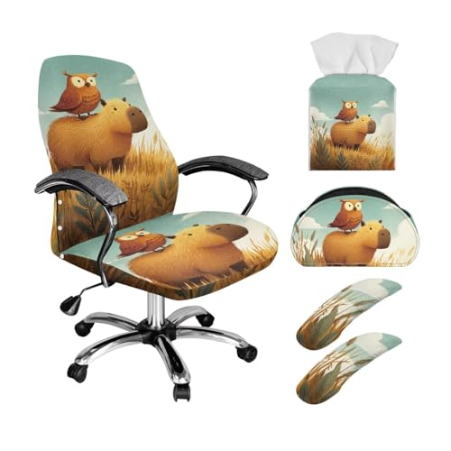 Xoenoiee Capybara Bürostuhlhussen mit Eule, weich, dehnbar, drehbar, 5-in-1-Set mit Armlehnenbezügen, Taschentuchbox-Bezug und Fernbedienungshalter, klein von Xoenoiee