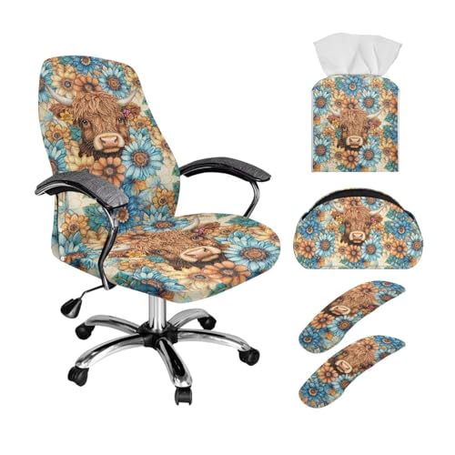 Xoenoiee Highland Cattle Boho Mandala Bürostuhlbezug mit Armlehnenbezügen, Leder, Taschentuchbox-Halter, Fernbedienungshalter, 5-teiliges Set, weich, rutschfest, drehbar, Größe L Xoenoiee Highland Cattle Boho Mandala Bürostuhlbezug mit Armlehnenbezügen, Leder, Taschentuchbox-Halter, Fernbedienungshalter, 5-teiliges Set, weich, rutschfest, drehbar, Größe L von Xoenoiee