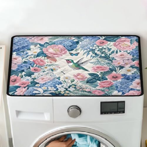 Xoenoiee Kolibri Rose Hortensie Blumenmuster Waschmaschine Top Staubdichte Abdeckung Top Mat Pad Waschtrockner Top Protector Abdeckungen für Zuhause Waschküche von Xoenoiee