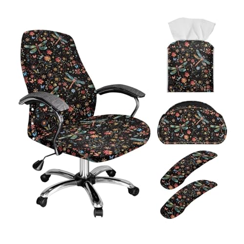Xoenoiee Libelle Bürostuhlbezug, klein, Blumenmuster, 5-in-1-Set, dehnbar, Computerstuhl, Schieber mit Armlehnenbezügen, Taschentuchbox-Halter + 5-Fächer-Fernbedienungshalter, groß Xoenoiee Libelle Bürostuhlbezug, klein, Blumenmuster, 5-in-1-Set, dehnbar, Computerstuhl, Schieber mit Armlehnenbezügen, Taschentuchbox-Halter + 5-Fächer-Fernbedienungshalter, groß von Xoenoiee