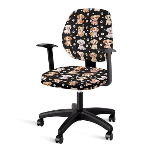 Xoenoiee Niedliche Hunde- und Hundepfotenabdruck-Büro-Schreibtischstuhl-Bezüge, Polyester-Sitzbezüge, dehnbar, schützende Computerstuhlbezüge, 2-teiliges Set mit Rückenlehnenbezug von Xoenoiee