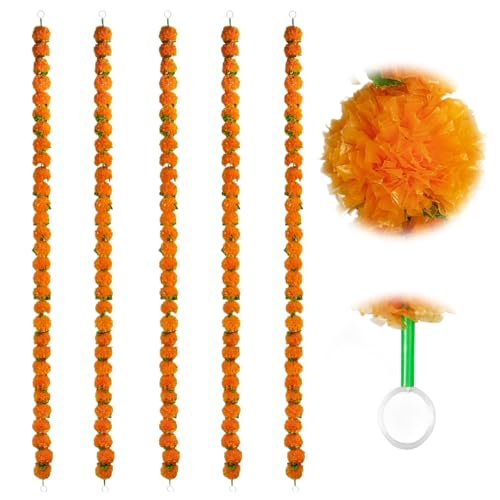 5pcs Marigold Garland 5ft künstliches Halloween Marigold Flowers Dekorationen Garland für Diwali Festival Halloween Indian Hochzeit Dekor, Orange von Xoeryoy