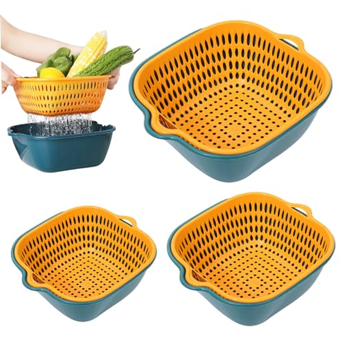Colander Bowl Set 3PCS Obstsieb und 3pcs Obst -Waschschale unterschiedliche Größe doppelt geschichtetes Plastikkolander zum Waschen von Obst Gemüse von Xoeryoy