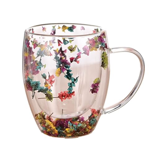 Doppelmauerte Kaffeetasse 350 ml getrocknete Blumenglas Kaffeetassen Hitzeresistente klare Becher kreativer Glasbecher mit wiederverwendbaren Klarbechern für Safttee-Konservierte Blume von Xoeryoy