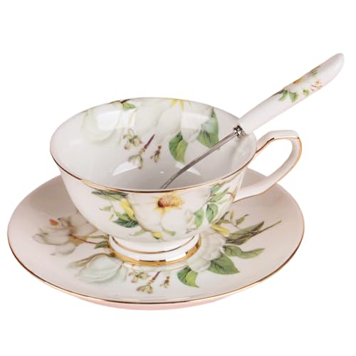 Teetasse und Untertasse Set mit Löffel, Vintage Blumenmuster Teetasse und Untertasse, 180 ml Keramik für Teehaus, Café & More von Xoeryoy