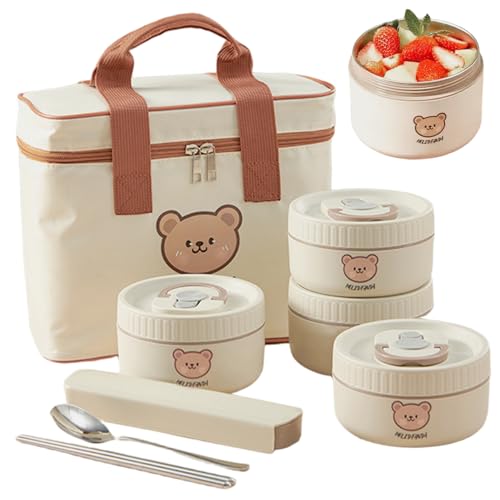 Thermals Brotdbox für heißes Essen 4 x 400 ml Edelstahl Isolierter Lunchbox Stapelbarer isolierter Lebensmittelbehälter mit Stäbchenlöffel und Aufbewahrungstasche von Xoeryoy