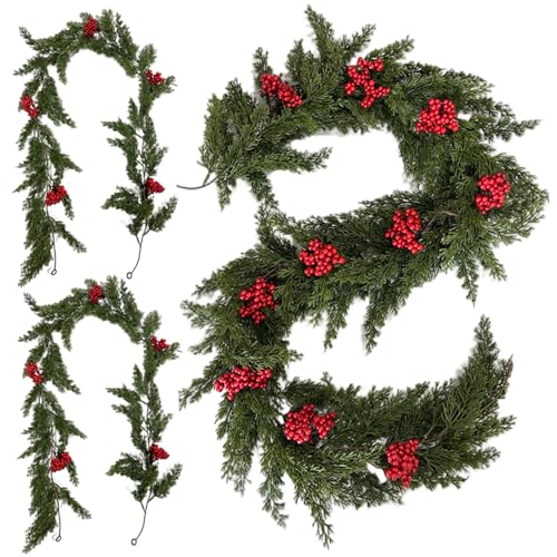 Xoeryoy 2pcs Norfolk Kieferngirlande, 6ft Weihnachten hängen realistische Kieferngirlande mit roten Beeren für Treppengeländer Kaminmanteldekoration von Xoeryoy