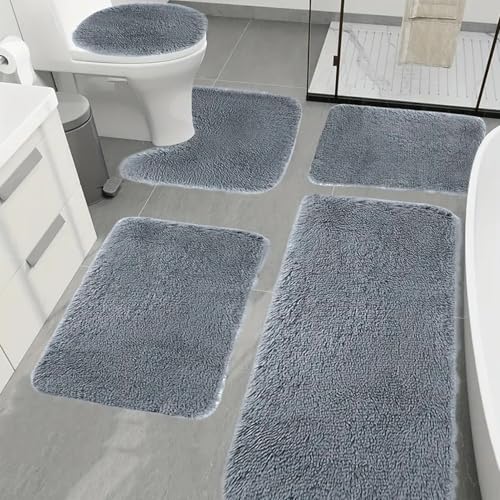 Xoeryoy Badezimmermatten-Set (5pcs), weiche Langhaar-Wasserabsorption Nicht-Schlupfbad-Teppiche mit Toilettenabdeckung Dicker Maschinenwaschableer Badezimmer Bodenmatten von Xoeryoy