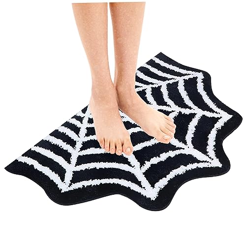 Xoeryoy Halloween Bath Matte 31.5x19, 69 Zoll Spinnennetz-Teppich Nicht-Schlupf-Gothic Teppich halb rund geformte Teppiche Halloween Wohnkultur für Haustür, Küche, Schlafzimmer von Xoeryoy