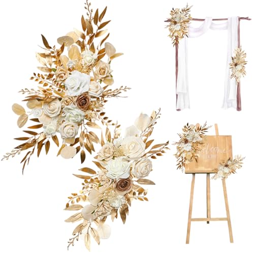 Xoeryoy Hochzeitsbogen Blumen 2pcs lebensechter Champagner -Farbbogenblumen mit Clips & Krawatten mit geringer Wartung Seide und Plastik Hochzeitsdekor für Begrüßungsschild, Hintergrund von Xoeryoy