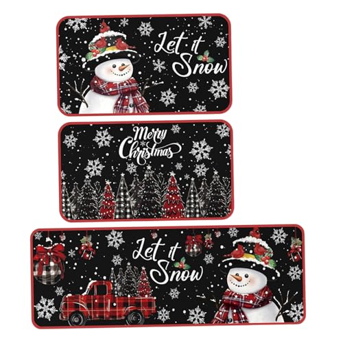 Xoeryoy Weihnachtskitchen Teppiche Sets von 3 Schneemann & Red Truck Küchenmatte weicher Rutschmaschinenwaschableie für Boden, Türway, Flur von Xoeryoy