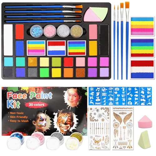 Xoktlde Gesichtsfarben für Kinder, Malset, mehrfarbiges Gesichtsfarben-Set mit Pinseln, abwaschbaren Farben, sichere Malstäbe für Erwachsene und Kinder, Glitzer-Malschablonen, Partys, Halloween von Xoktlde