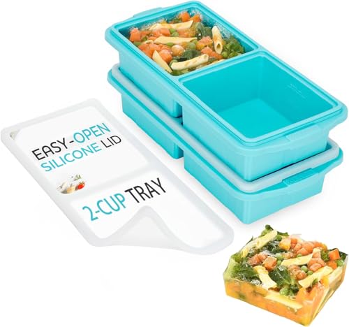 XOMOO Silicone Freezer Tray With Lid-Soup Freezer Container molds 2 - cup Extra Large Ice Cube Tray-makes 4 perfect 500ml portions cubes, For freezing soup, stews,sauces, Oven&Dishwasher-Safe (2-Pack) von Xomoo