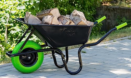 TIREX by xonic® Schubkarre mit Stahlfelge – Verzinkte Wanne bis 250kg/ 100l - Robuste Ausführung für Garten und BAU – Schieb-Karre mit PU Vollgummi-Rad (Grün- Schwarz) von Xonic
