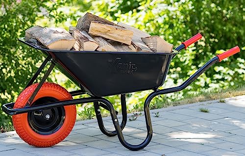 TIREX by xonic® Schubkarre mit Stahlfelge – Verzinkte Wanne bis 250kg/ 100l - Robuste Ausführung für Garten und BAU – Schieb-Karre mit PU Vollgummi-Rad (Rot- Schwarz) von Xonic