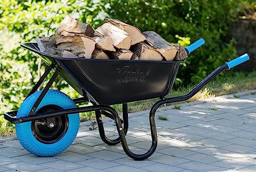 TIREX by xonic® Schubkarre mit Stahlfelge – Verzinkte Wanne bis 250kg/ 100l - Robuste Ausführung für Garten und BAU – Schieb-Karre mit PU Vollgummi-Rad - Blau- Schwarz von Xonic