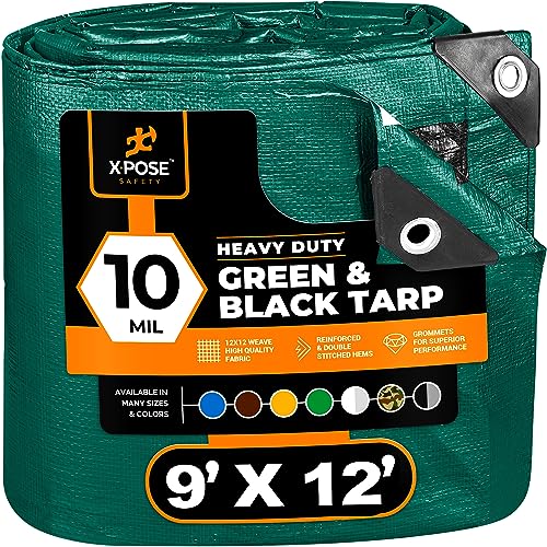 Heavy Duty Poly Tarp 9 Feet x 12 Feet 10 Mil Thick Waterproof, UV Blocking Protective Cover - Reversible Green and Black - Laminated Coating - Rustproof Grommets - by Xpose Safety Heavy Duty Poly Tarp 9 Feet x 12 Feet 10 Mil Thick Waterproof, UV Blocking Protective Cover - Reversible Green and Black - Laminated Coating - Rustproof Grommets - by Xpose Safety von Xpose Safety