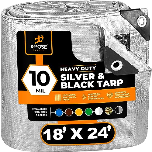 Xpose Safety Abdeckplane – 10 mm dick, wasserfest, UV-blockierend, wendbar, silberfarben, schwarz – laminierte Beschichtung, rostfreie Ösen – von Xpose Safety 18 Feet x 24 Feet von Xpose Safety