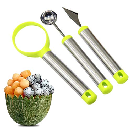 Xrten 3 Stücke Multifunktionale Fruchtschneider Set,Edelstahl Melonenausstecher Obstschneider Früchte Löffel von Xrten
