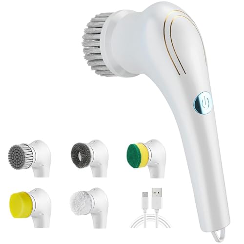 Xrten Elektrische Reinigungsbürste,Elektrische Spin Scrubber,Handliche Wiederaufladbare Spin Scrubber Spin-Bürste Leistungsstarker Bodenwischer mit 5 Austauschbaren Bürstenköpfen für Haus und Garten von Xrten