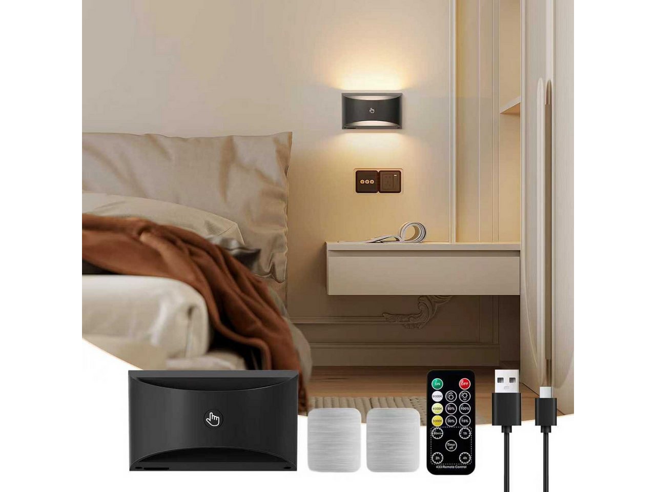 Xruiy Wandleuchte für Innen, LED Wandleuchte kabellos magnetisch, 3 Farben dimmbar, & Fernbedienung, 3 Farben dimmbar, Up & Down Licht modern (Schwarz) von Xruiy