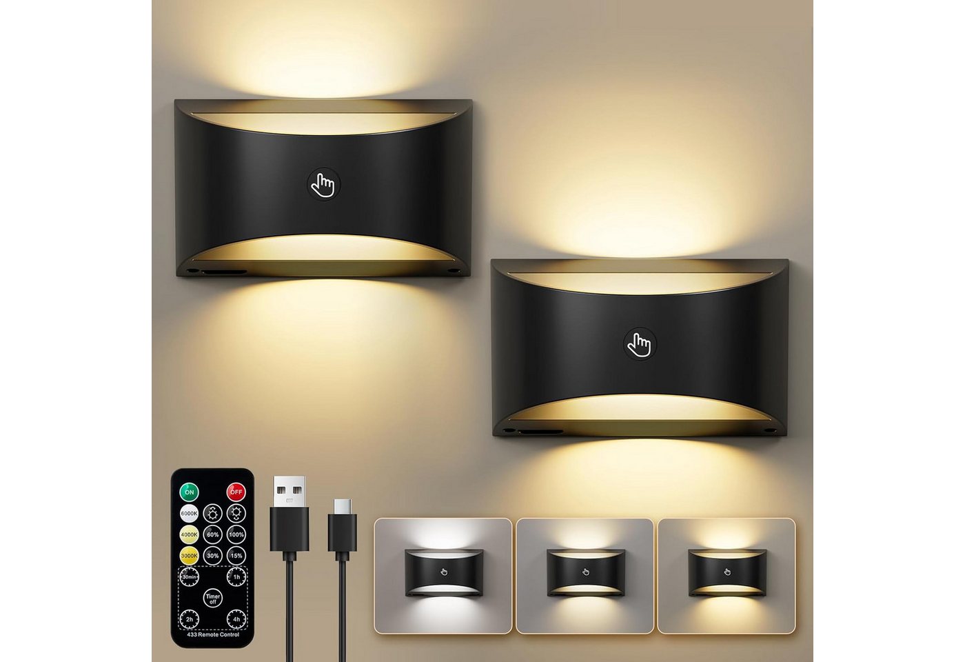 Xruiy Wandleuchte für Innen, LED Wandleuchte kabellos magnetisch, 3 Farben dimmbar, & Fernbedienung, 3 Farben dimmbar, Up & Down Licht modern (Schwarz) von Xruiy