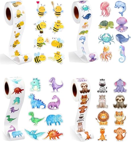 2000 Stück Runde Cartoon Tier Aufkleber, Animal Sticker Rolle Cartoon Tiere Belohnungsaufkleber Selbstklebend Niedlich Biene Aufkleber für DIY Handwerk, Geschenke für Erwachsene Kind (4 Rolle） von Xstary