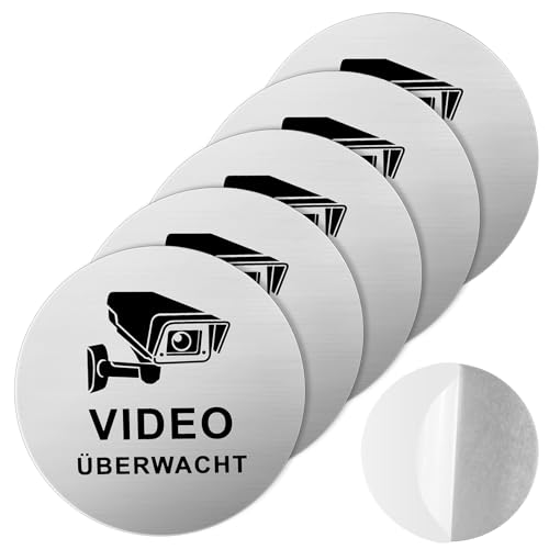 5 Stück Videoüberwachung Schild Klein Selbstklebend Videoüberwacht Schild Gebürstete Aluminiumoberfläche Round Videoüberwachung (Ø 10 cm) von Xthrotsenk