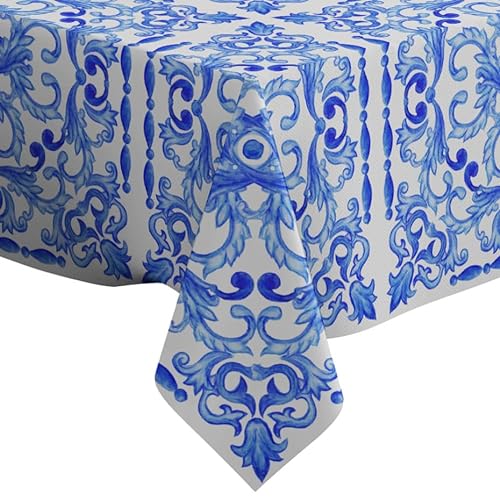 Azulejos Portugiesische Fliesen Blau Aquarell Muster Muster – Rechteckige Leinen-Tischdecke (150 x 260 cm) waschbare dekorative Tischdecke von Xtremepads