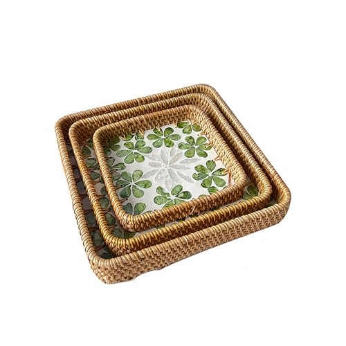 Quadratisches Rattantablett mit Perlmutt-Inlay,dekoratives gewebtes Tablett im Boho-Stil für Couchtisch,gewebtes Tablett für Wohndekoration,Badezimmer,Küche,Insel-Dekor,Four leaf clover-Set of 3 von Xtroml