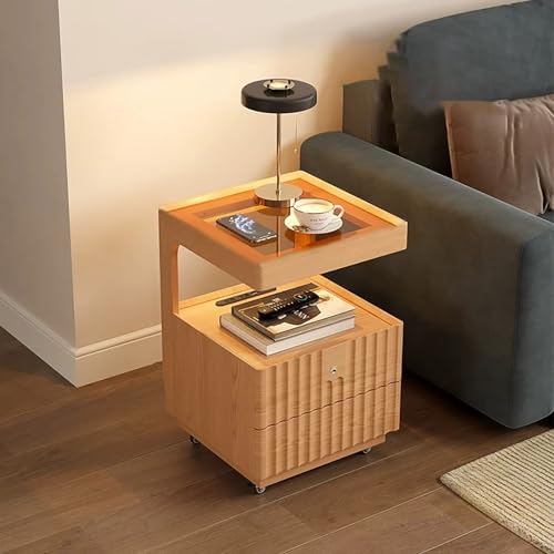 Xtroml Abschließbarer mobiler Beistelltisch mit Schublade und geräumiger unterer Ablage, Rollen, Beistelltisch aus Gummibaumholz mit Tablettplatte aus gehärtetem Glas, moderner Nachttisch,Wood von Xtroml