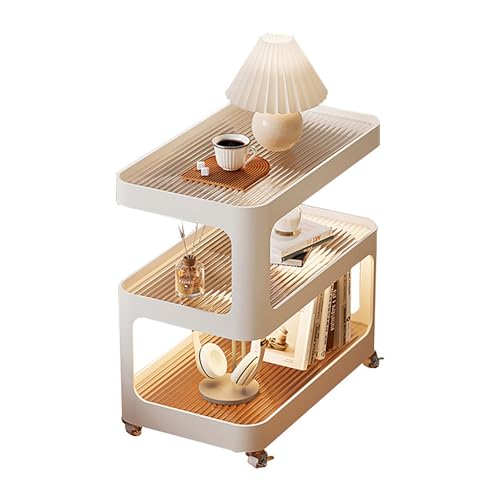 Xtroml Drehbarer Beistelltisch mit 3 Ebenen, magnetischer LED-Lichtleiste und Rollregalen – Schicker moderner Nachttischwagen aus Eisen und Glas für Zuhause und das Büro,50×30×59cm von Xtroml