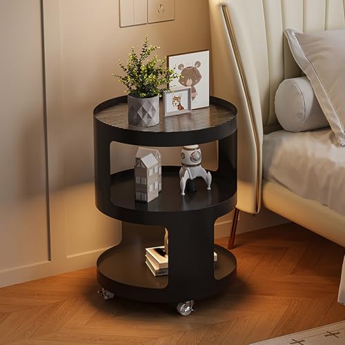 Xtroml Runder Beistelltisch mit 3 Ebenen, Kleiner Couchtisch mit magnetischer LED-Lichtleiste und 360°-Lenkrollen – moderner Akzentwagen aus Eisen und Glas für Zuhause und das Büro,Black-35×35×59cm von Xtroml