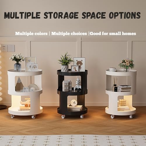 Xtroml Runder Beistelltisch mit 3 Ebenen, Kleiner Couchtisch mit magnetischer LED-Lichtleiste und 360°-Lenkrollen – moderner Akzentwagen aus Eisen und Glas für Zuhause und das Büro,White-40×40×59cm von Xtroml