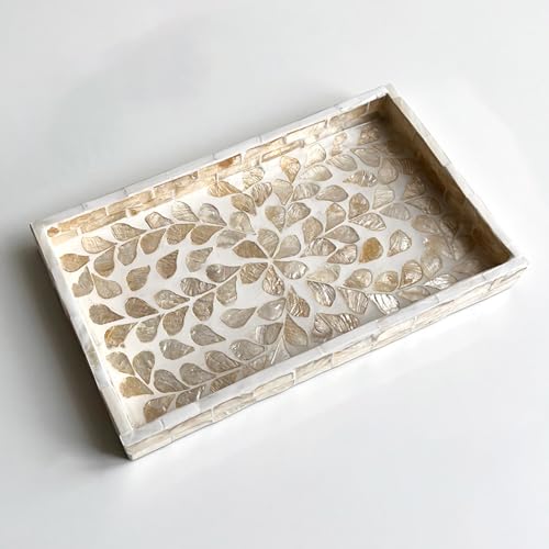 Xtroml Serviertablett,dekoratives Tablett,Mosaiktablett mit Perlmutt-Intarsien,rechteckiges Holztablett mit Griffen,Tabletts für Tee, Frühstück im Bett,Tisch,Kücheninsel-Dekor,Golden Wicker von Xtroml