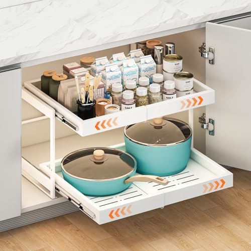 Xtsuen Ausziehbarer Schrank-Organizer mit 2 Ebenen, erweiterbare Schublade für Küchenschränke, 43,2 cm tiefe, robuste Ausziehregale für Töpfe, Pfannen, Küchen- und Vorratsaufbewahrung von Xtsuen