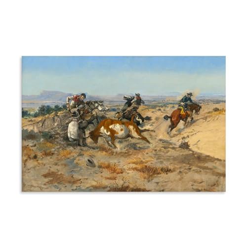 Charles Marion Russell Wandkunstdrucke, Gemälde, Poster, wenn Cowboys in Schwierigkeiten kommen (Die verrückte Kuh), dekoratives Gemälde, Leinwand, Wandkunst, Wohnzimmer, Schlafzimmer, Gemälde von XuXueCC