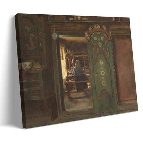 XuXueCC Adolph Tidemand Wandkunstdrucke, Gemälde, Poster, Frau im Loom (1874), dekoratives Gemälde, Leinwand, Wandkunst, Wohnzimmer, Schlafzimmer, 50 x 75 cm von XuXueCC