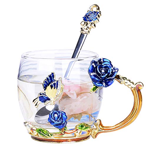 XuanMax Blau Rosen Blumen Emaille Kaffeetassen mit Löffel Schmetterling Becher aus Kristallglas Bleifreies Handgefertigtes Transparentes Glas Teetassen Geschenke zum Geburtstag - Kurz von XuanMax