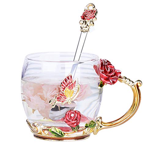 XuanMax Rot Rosen Blumen Emaille Kaffeetassen mit Löffel Schmetterling Becher aus Kristallglas Bleifreies Handgefertigtes Transparentes Glas Teetassen Geschenke zum Geburtstag - Kurz von XuanMax