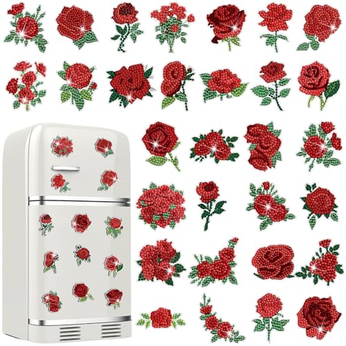 Xuhal 30 Stück Rose Diamant Malerei Magnete Rote Blume Diamant Kunst Magnete Kits für Erwachsene Romantische rote Rose Floral Kühlschrank Magnetische Aufkleber 5D Strass Kühlschrank Aufkleber für DIY von Xuhal