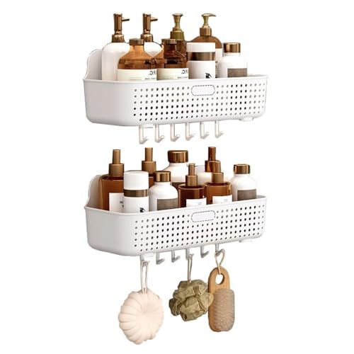 Shampoo Halterung für Dusche Hängendes Duschregal, 2er-Pack, Kunststoff-Duschaufbewahrungskorb, selbstklebender Dusch-Organizer ohne Bohren mit 6 Haken for Badezimmer, Küche, Balkon Duschablage(Weiß) von Xumh2024-3