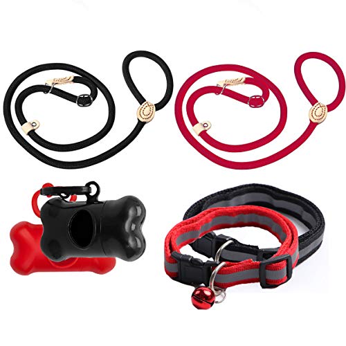 Xumier 2Pcs Verstellbare Hundeleine kleine Hunde große Hunde Hundegeschirr Führleine Übungsleine mit kotbeutelspender Hundeglockenhalsband (Schwarz und Rot) von Xumier