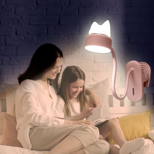 2 in 1 Kinder Leselampe Buch Klemme, 3 Stufige Einstellbar Kinder Augenschonende Bett Klemmlampe, 360° flexibler Halsgans Leseleuchte Bett, Warmes Licht Kätzchen Nachtlicht Klemmlampe Bett von XunHe